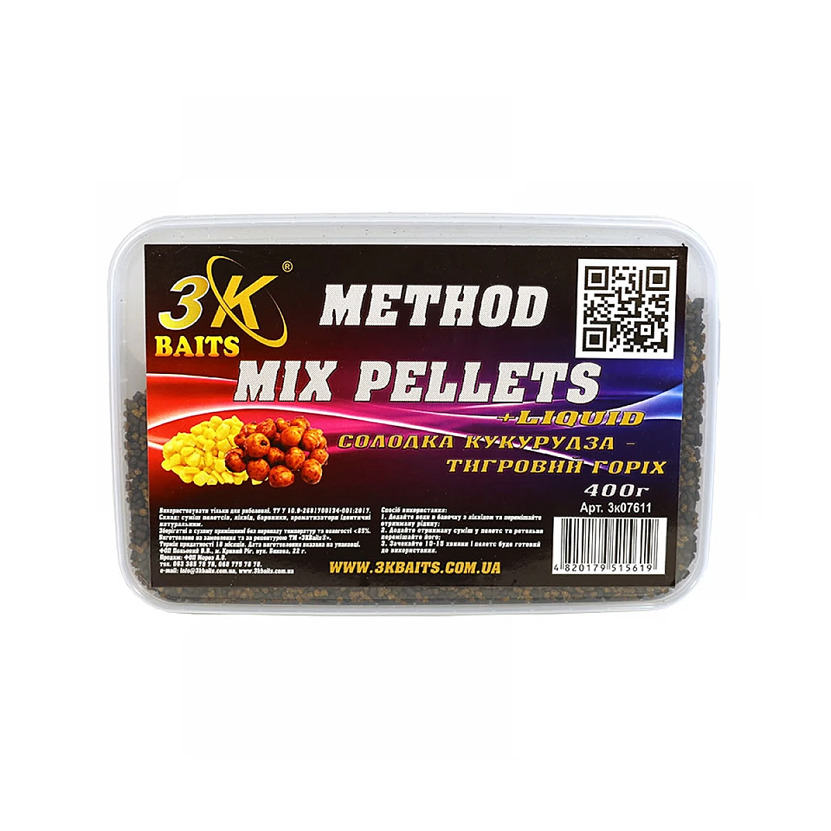 Прикормка 3KBaits Method mix сладкая кукуруза-тигровый орех 0.4kg